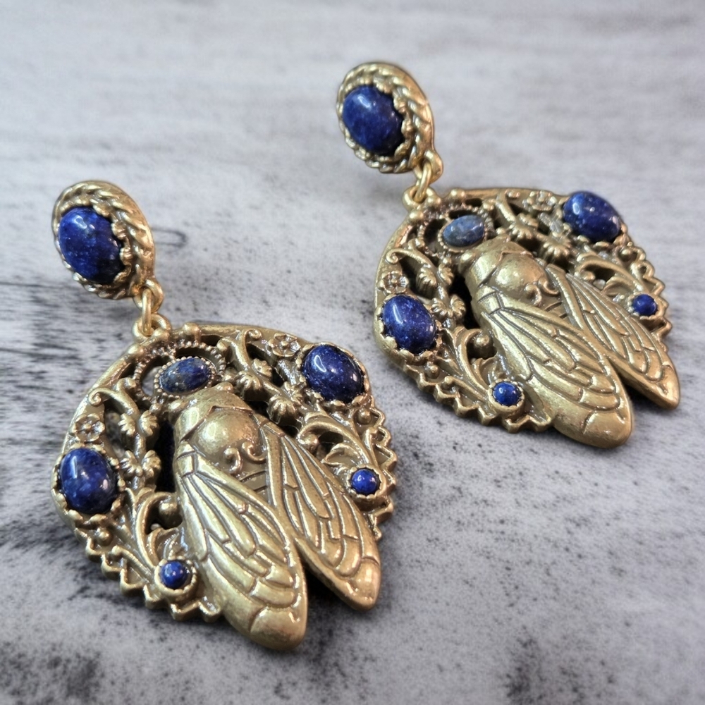 Chunky Antiqued Matte Gold Cicada Lapis Lazuli Dangle Earrings - Picture 3 of 5